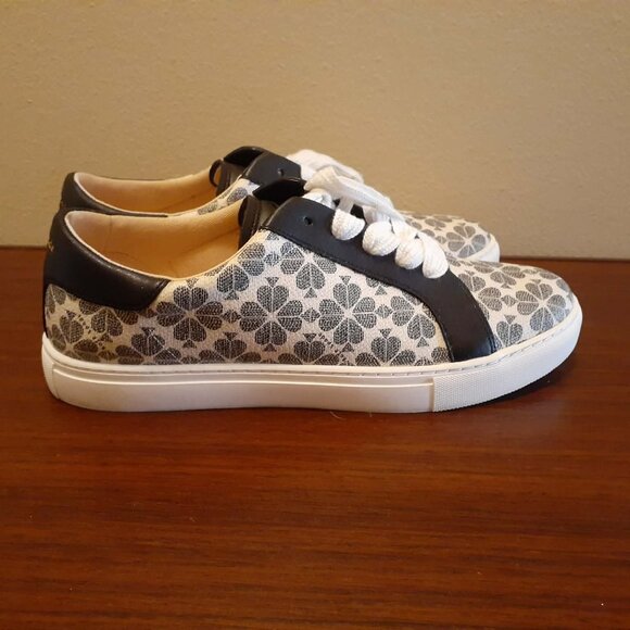 Kate Spade Erin Spade Flower Printed Leather Sneaker in White/Black - Picture 2 of 7